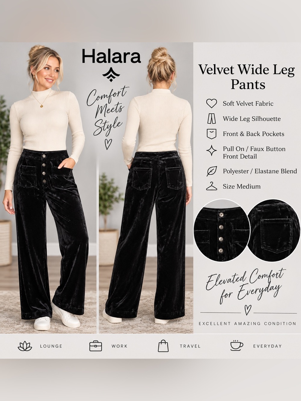 Halara Black Velvet Wide Leg Pull On Pants Faux Button Front Size M
